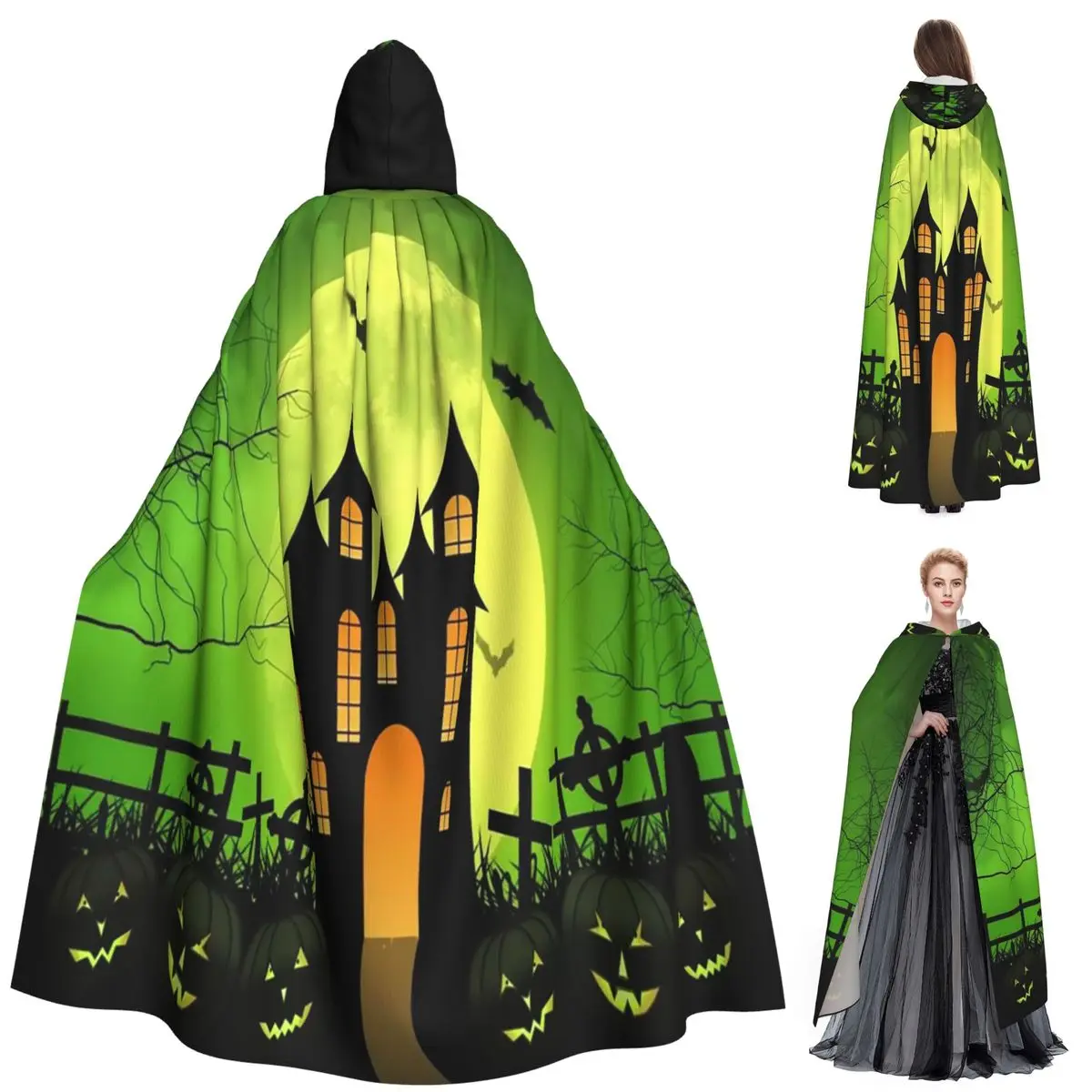 

Halloween Bats Jack-O-Lanton Pumpkin And Ghosts Witches Long Hooded Cloak Witch Medieval Costume Cosplay HalloweenVampire
