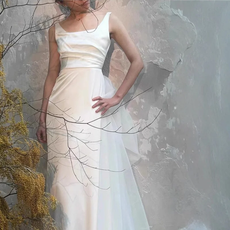 フレンチオフショルダーライト旅行写真婚約長袖サテンブライダルマーメイドドレスシンプルなレセプションお出かけドレス