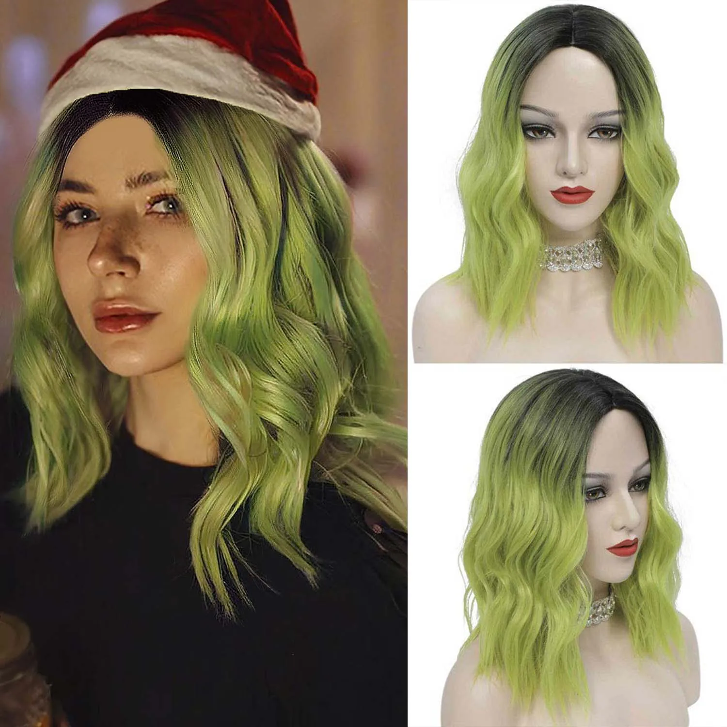 Tereshar Synthetic Green Bob Wavy Wigs for Women Lime Green Wig Middle Part Heat Resistant Party Halloween Christmas Cosplay Wig