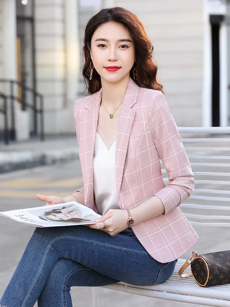 

Женский приталенный костюм в клетку, повседневный, универсальный, весна-осень, корейский стиль, маленький размер, для работы, модный, на одной пуговице, длинный рукав