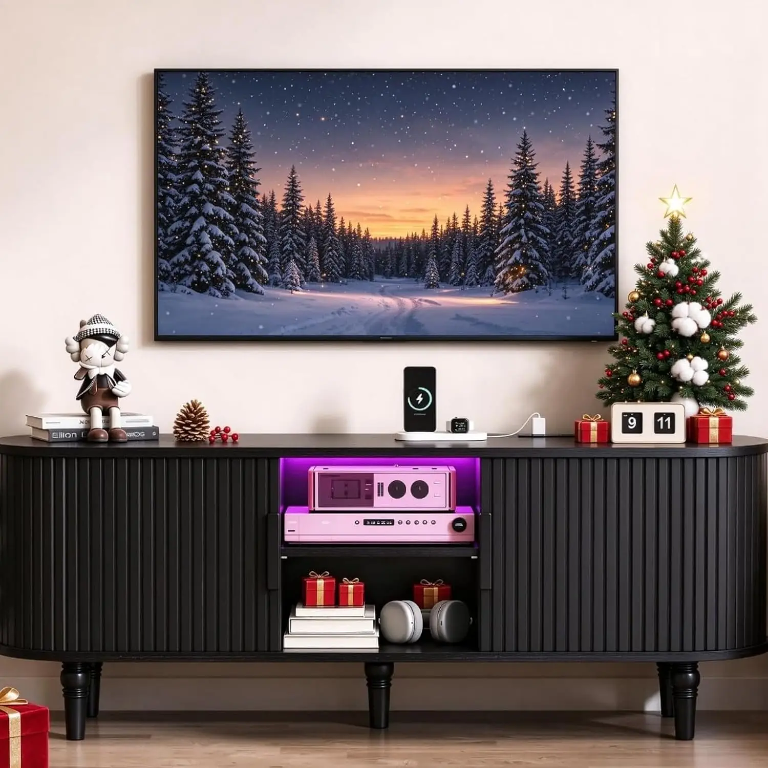 55-Inch Black TV Stand for TVs up to 60, Fluted Media Console with Power Outlet, LED Lights, Adjustable Shelves, Mid-Century