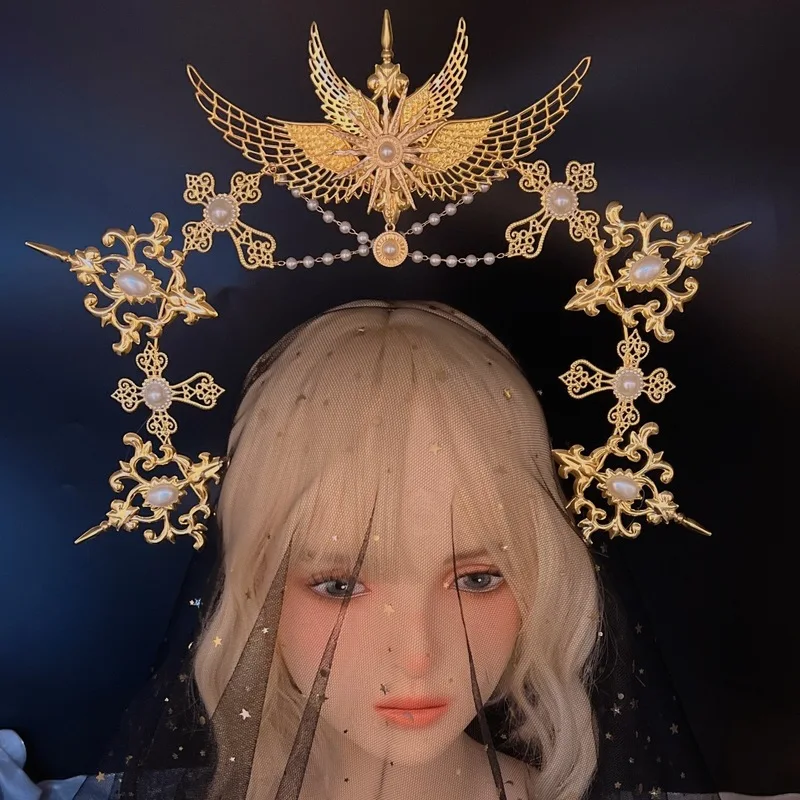 Lolita Madonna Halo Apollo Sun Angel Headband Crown Headpiece Lolita KC Headdress Church Hanfu  Pope Headwear