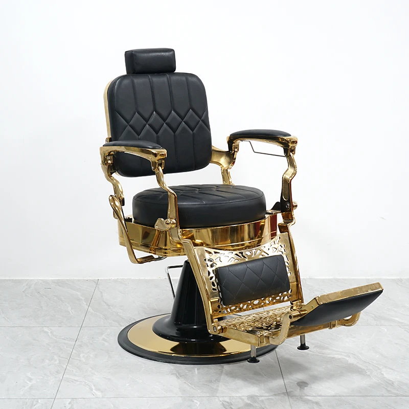 Classics Beauty Salon Furniture Black Gold Round Base Hair Shaving Chair Heavy Duty Reclining Swivel Styling Barber Chair