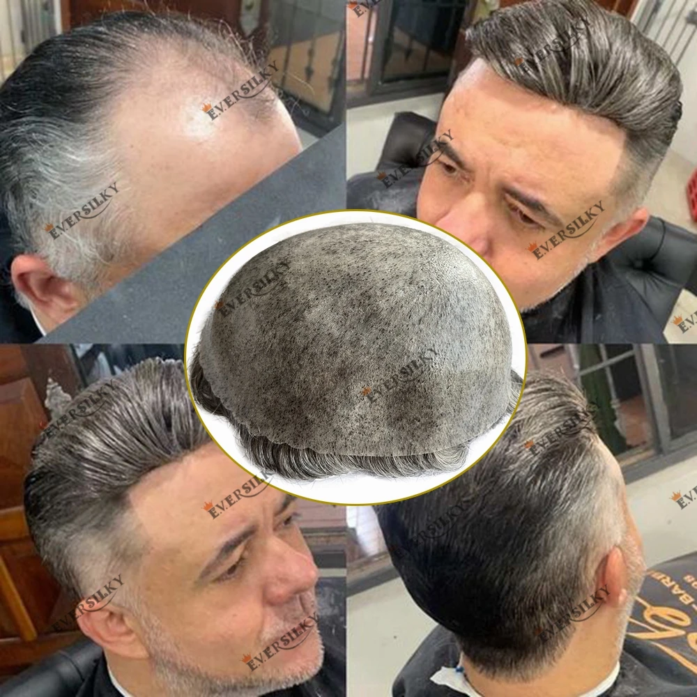

Full Skin Human Hair Men's Toupee Gray Hair Wholesale Undetected Pre Cut Hairline Durable Skin Injected Men's Toupee Prosthesis