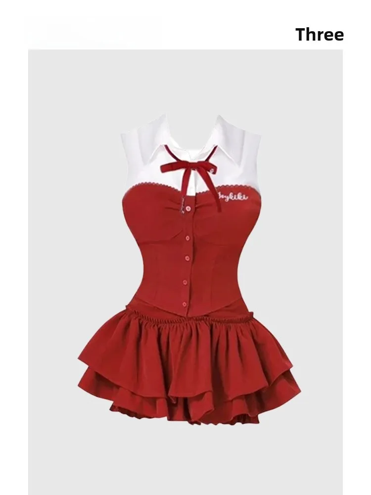 

HEZA Plump College Style Color Block Top And Skirt Set Women's Spring Summer Sweet And Spicy Girl High Waist Puffy Half Skirt