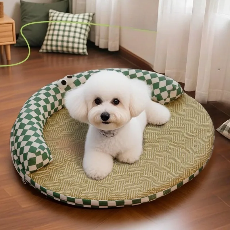 2026 New All-season Natural Comfortable and Breathable Color Blocking Dog Mat with Built-in Cooling Rattan Mat Pet Supplies