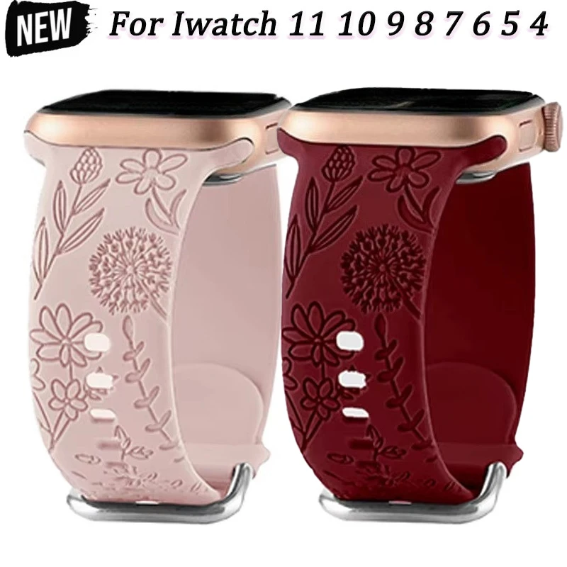 Silikonarmband für Apple Watch 11 10 46mm 42mm 9-8-7-6-5-4-3-2 mit Gravur Blumenmuster für IWatch Ultra 3 49mm 45mm-44-42-41-40-38mm