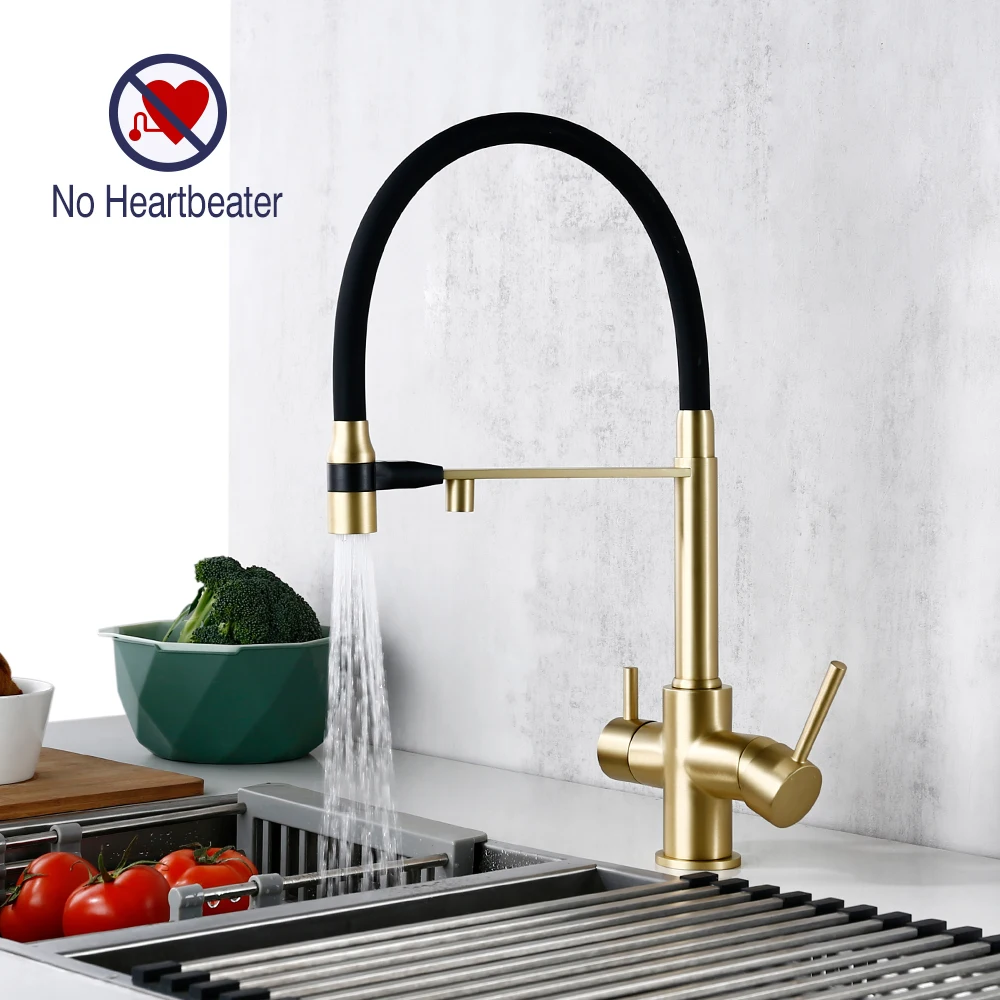 Brushed Gold Kitchen Faucet Filter 360 Swivel Pure Water Tap for 3 Ways Kitchen Pull Out Purification Water Mixer Double Handle