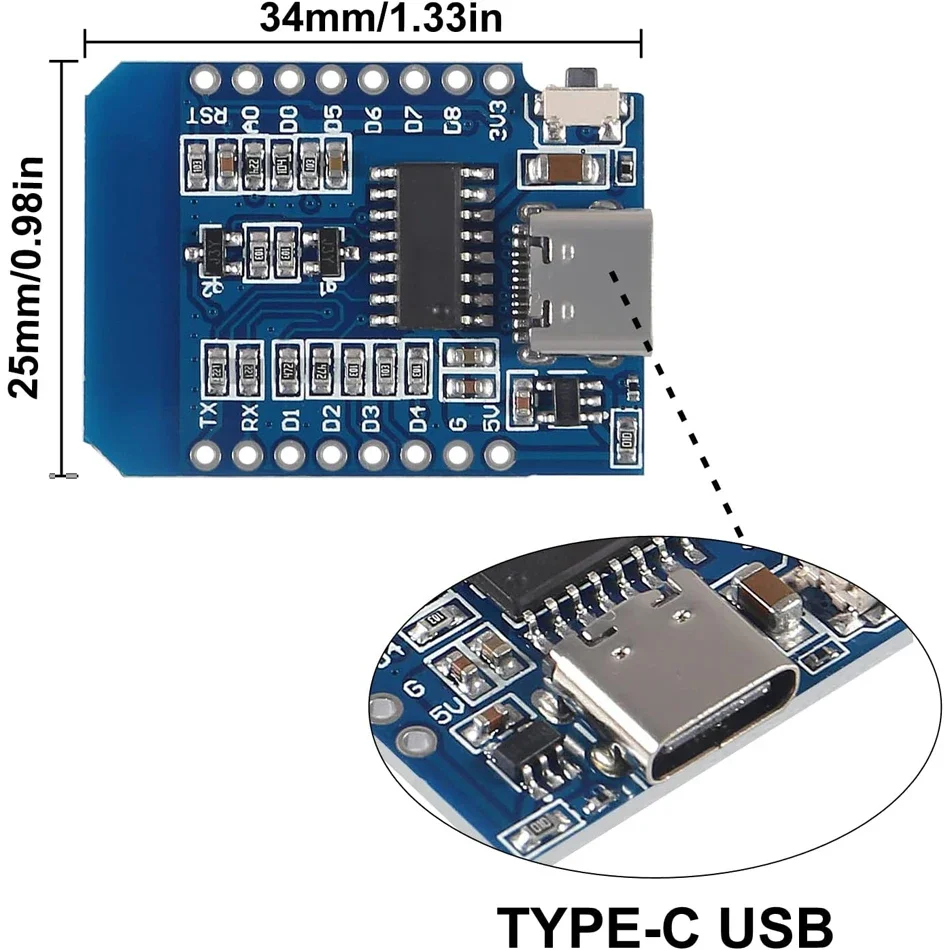 ESP8266 ESP-12F NodeMCU D1 لوحة تطوير صغيرة مع Type-C USB CH340C، وحدة WiFi متوافقة مع Arduino IDE