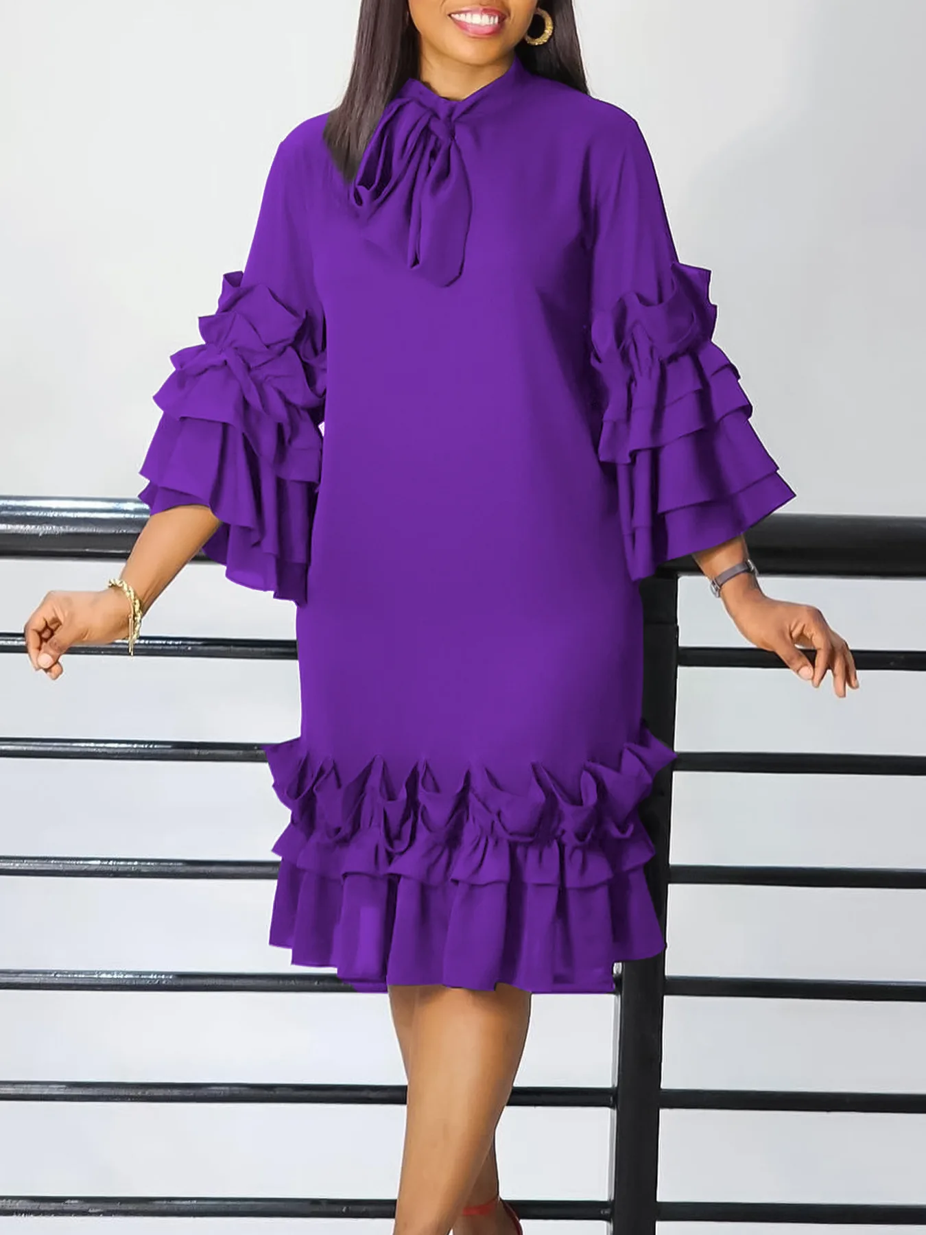 church dressese for woman 2024 plus size elegant purple dress Flanged flared sleeve Shirt Pleated Ruffles Bow Collar