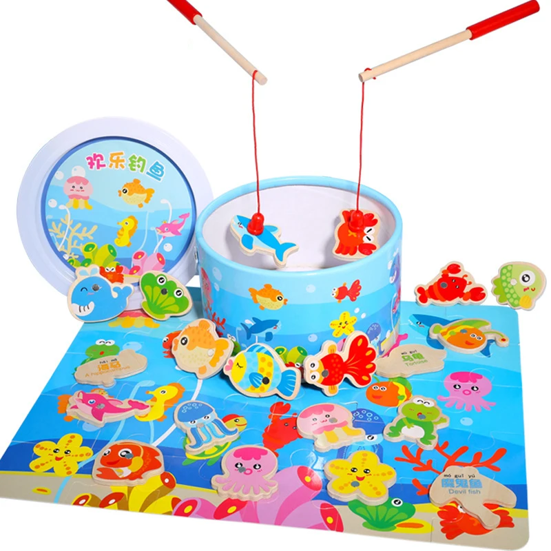 3D Wooden Magnet Fishing Toys Set Simulation Play House Wood Magnetic Learning Funny Fish Puzzle Game For Children Baby Gifts