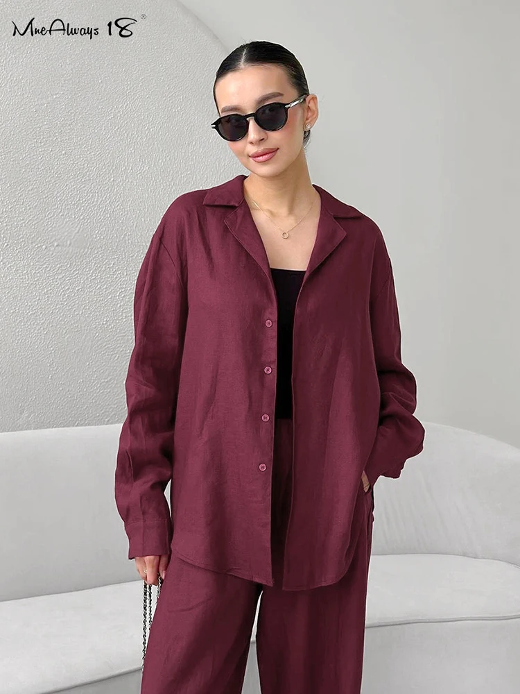 Mnealways18 Burgundy สีแดงกางเกง 2 ชิ้นชุด Office Lady เสื้อกางเกงขากว้างสบายๆ 2 ชิ้นชุดผ้าฝ้ายผ้าลินินผู้หญิงชุด