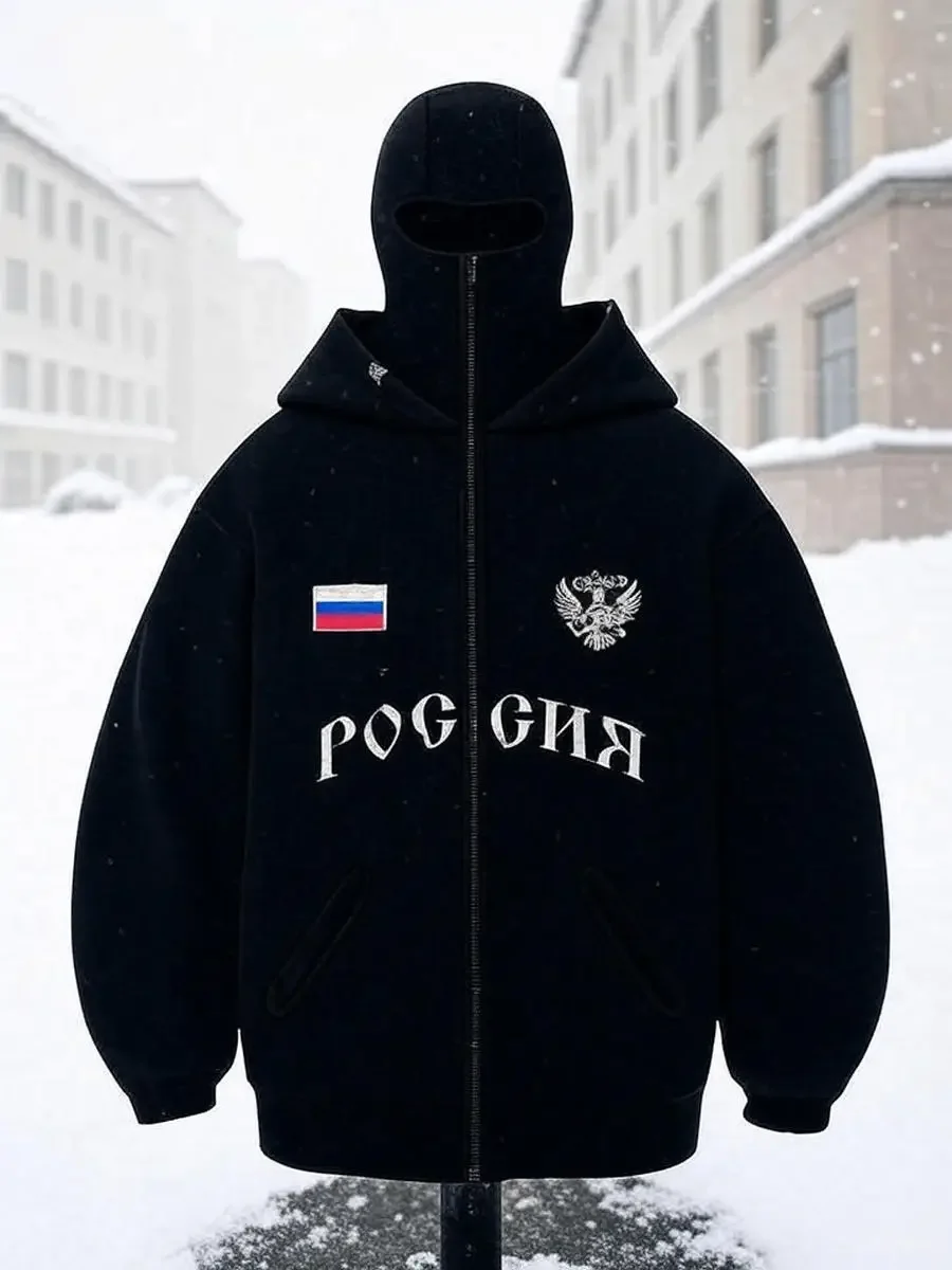 Hip-Hop-Kapuzenpullover mit Gesichtsmaske, Unisex, lockerer Schnitt, schwarzer Sweatshirt mit Reißverschluss, bedrucktes Design mit Adler-Flagge.