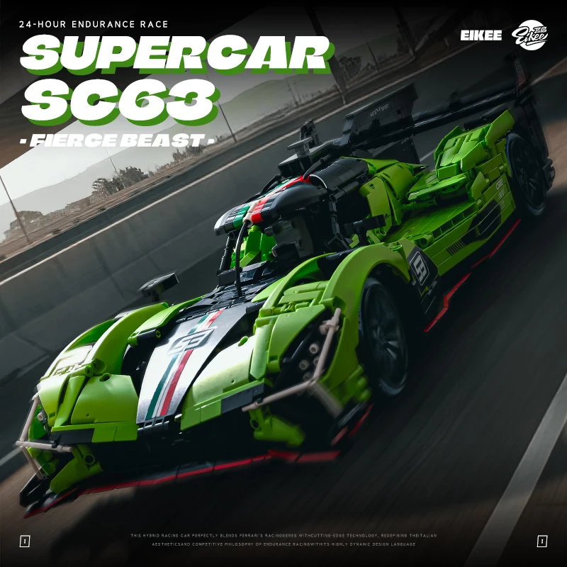 Hypercar 1:8 SC63 Lemans Building Set MOC Pushrod Suspension Verde Paint 3771Pcs