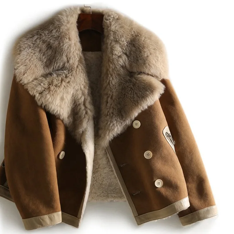 Design Sense: Grote Revers Bont Geïntegreerd Bruin Voor Dames Herfst En Winter Nieuwe 2024 High-End Warme Jas