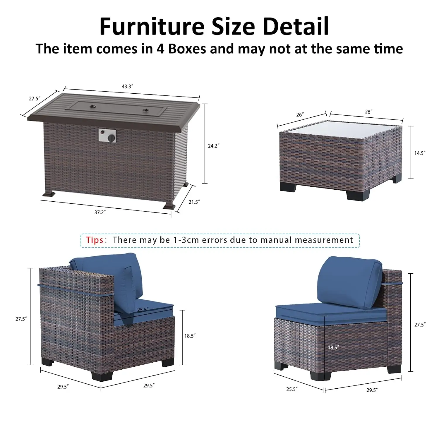6-Piece Outdoor PE Rattan Sectional Sofa Set w/43 Propane Gas Fire Pit Coffee Table for Patio Garden, Customized