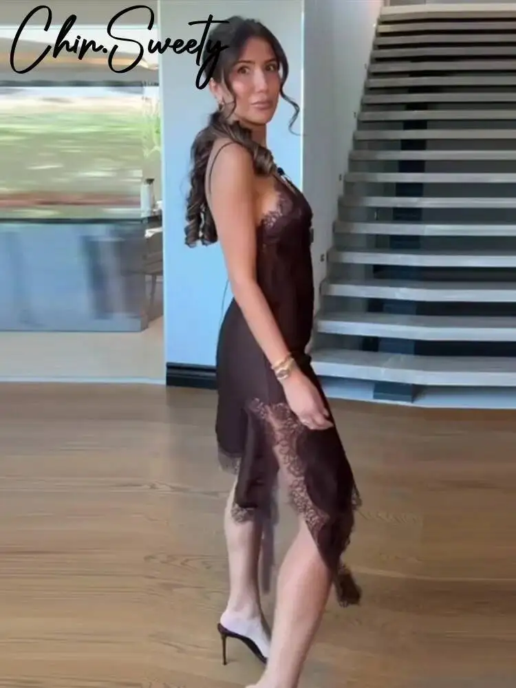 Vintage Brown Lace Patchwork Women Dress Sexy Sleeveless Backless Female Dresses 2025 Summer Autumn Party Lady Robe New