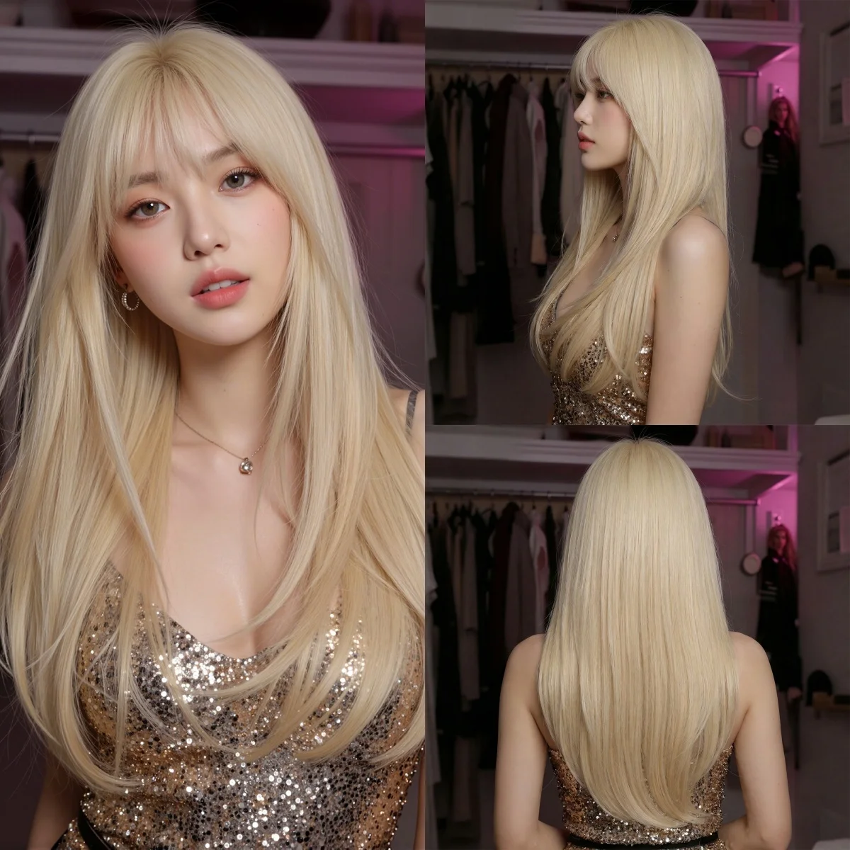 Blonde Long Straight Wig With Bangs Natural Looking Synthetic Hair Wigs For Women Party Cosplay Daily Wear Heat Resistant