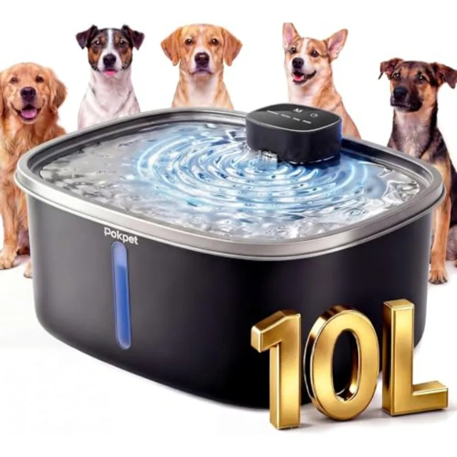 

Dog Cat Water Fountain, Stainless Steel, Silver, Fresh Flow with 10L Capacity, Deeper Wider Drinking Area, LED Window Multi-Fil