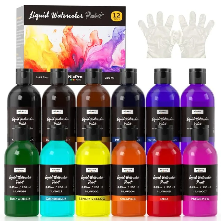 

12 Colors Liquid Watercolor Paint Set, 8.45oz Large Bulk Liquid Watercolor Paint, Non-Toxic Water Colors Painting Supplies for