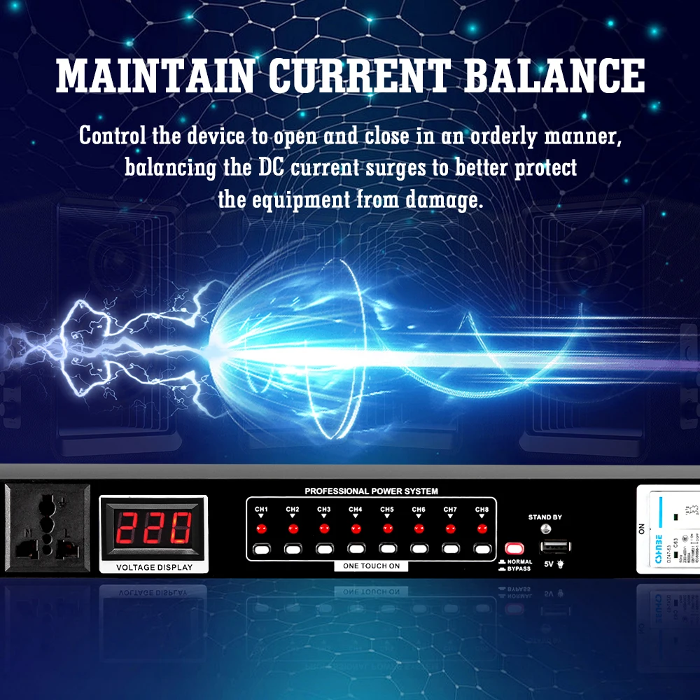 10-Channel Power Sequencer with Voltage Display Surge Protection Independent Channel Switches for Stage and Ktv