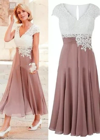 Zomer Chiffon Avondjurken A Line V-Hals Korte Mouwen Kant Appliques Top Klassieke Thee Lengte Moeder Van De Bruid Jurken