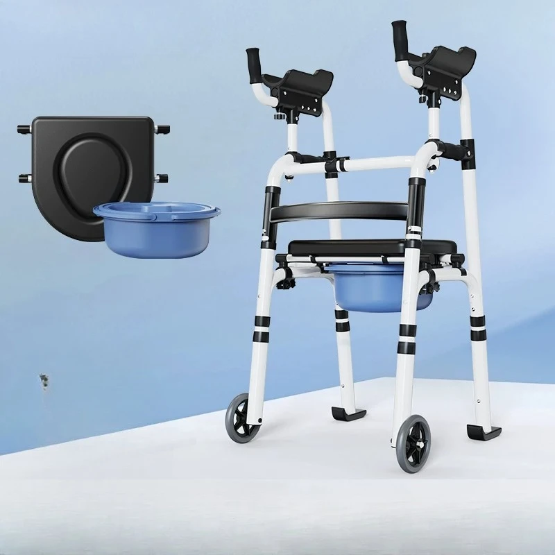 Foldable Elderly Walker with Wheel NonSlip Four Legged Walker Crutches Portable Adjustable Elbow Support Holder Lightweight Cane