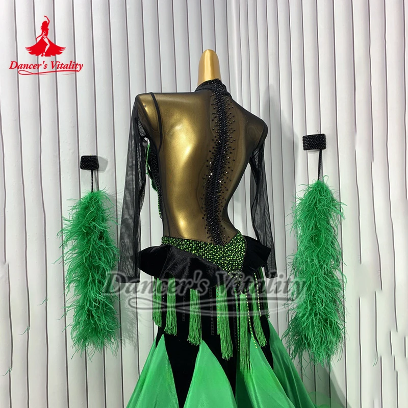 Standard Ballsaal Mode Design Luxuriöse Grüne AB Stein Perle Seide Kleider Frauen Walzer Führen Kleiden Benutzerdefinierte Tänzerin Vitalität