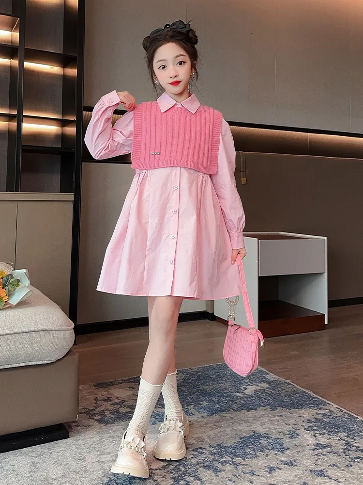 2024 Korean Spring Autumn Children Girl 2PCS Clothes Set Teenager Girl Long Sleeve Dress+knitted Shawl School Girl 2-Piece Sets