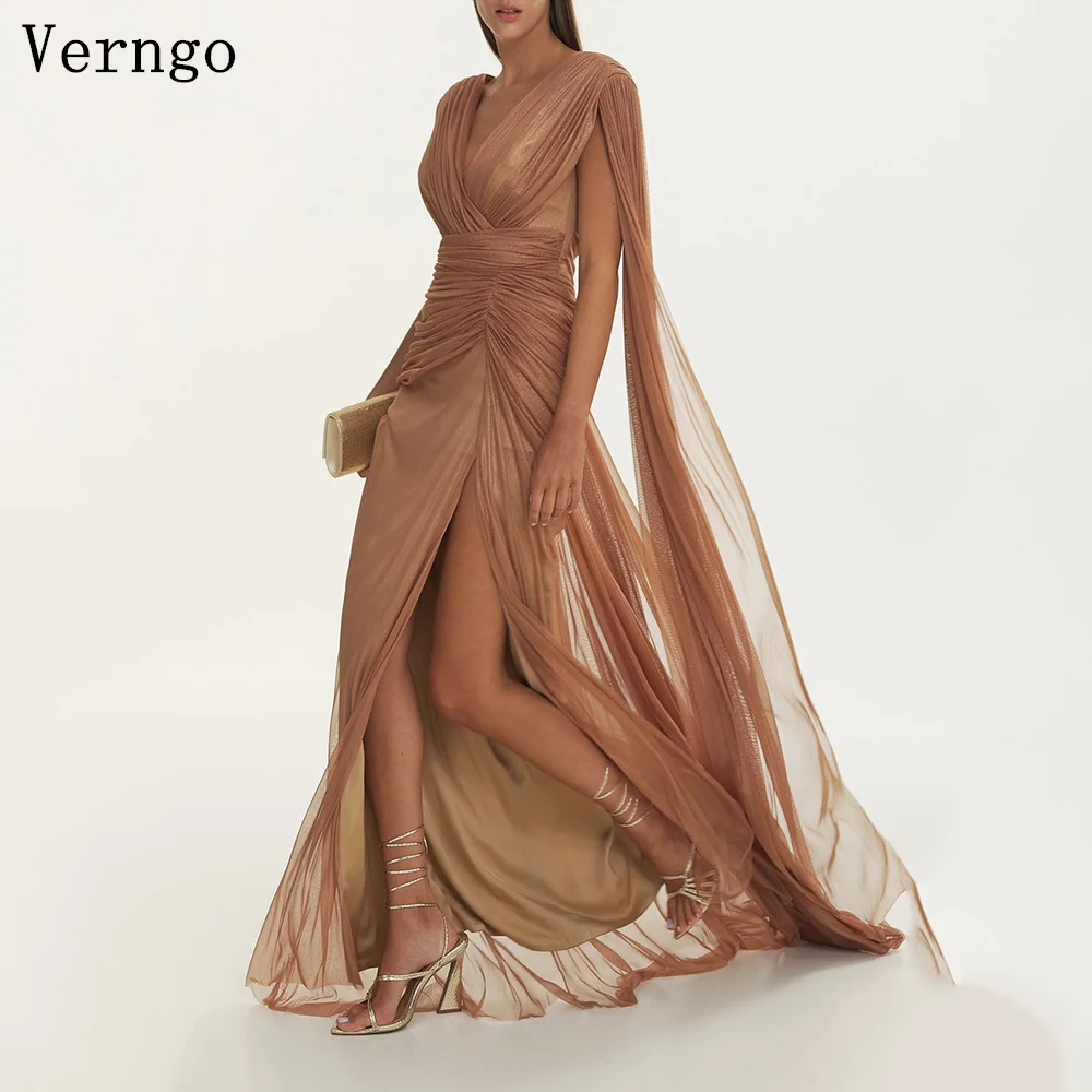 Verngo Brown Tulle Silk Evening Dress V Neck Sleeveless A Line Side Slit Prom Gowns Elegant Pleated Party Dress Customized