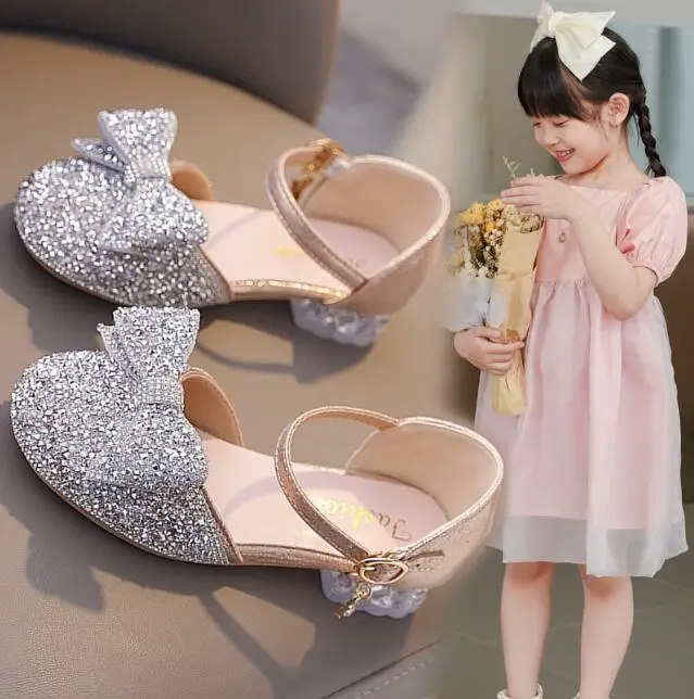 

Children Roman Shoes Beading Girls Sandals 2024 Summer New Bowtie Kids Flats Princess Casual Holiday Soft Soled Beach Shoes