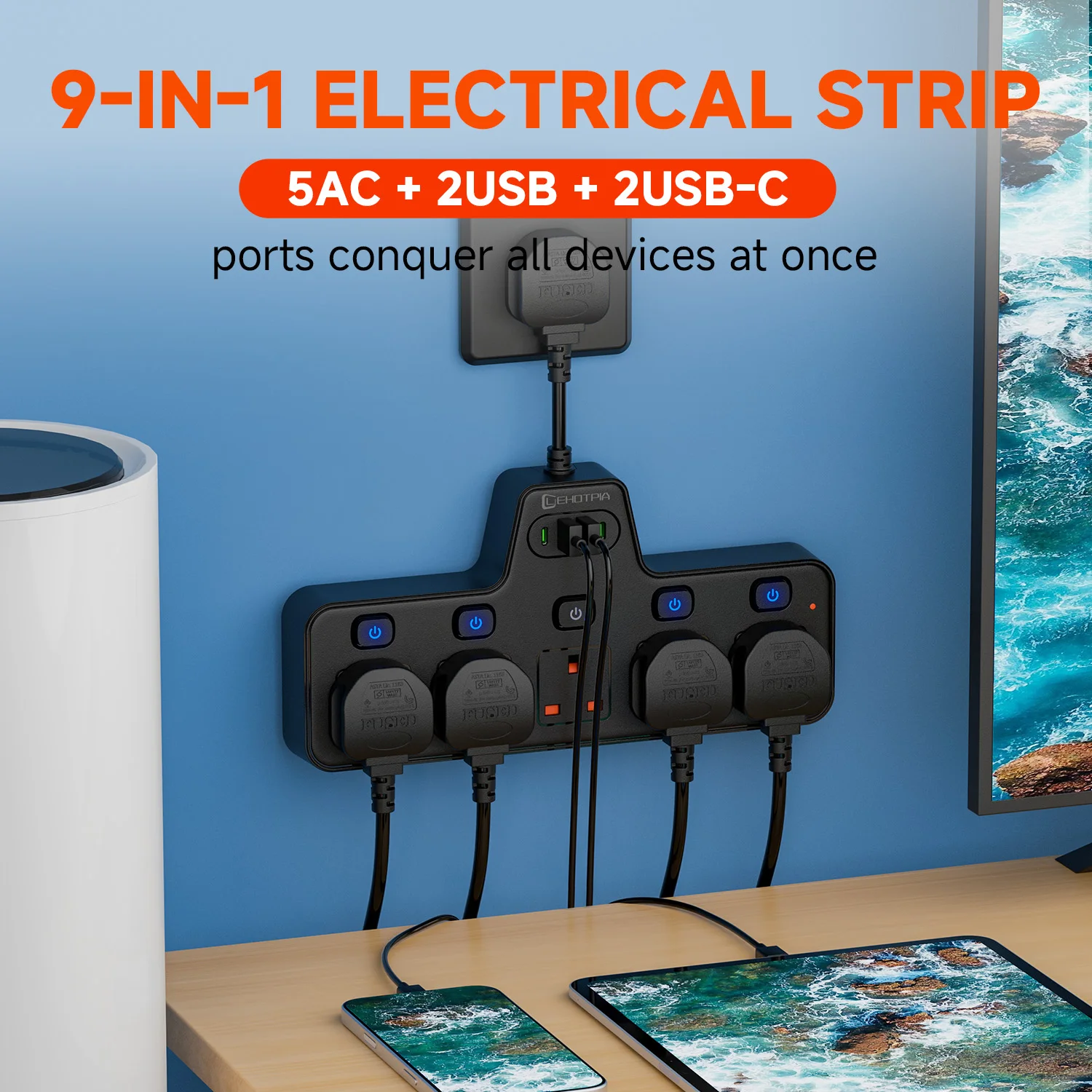 2500W UK Plug Power Strip 5AC Socket Wall Mounted Independent Switches Multitap Network Filter USB Ports Fast Charging Adapter