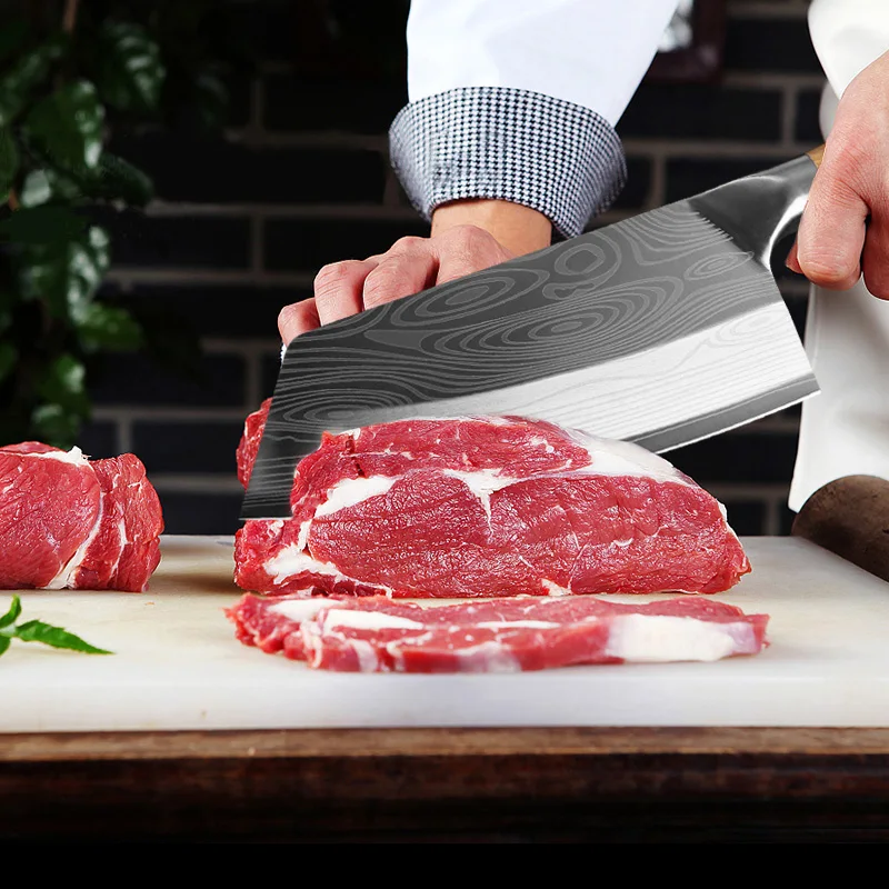 Stainless Steel Cleaver Meat Chopping Knife Laser Damascus Pattern Kitchen Chef Butcher Knife Wood Handle Slicing Knife