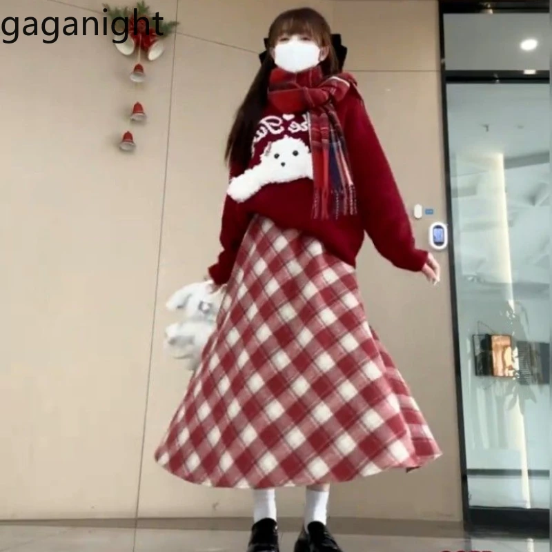 Gaganight Women Ankela Red Checkered High Waisted Mid Length Skirt Autumn Winter Sweet Woolen High Waisted A line Umbrella Skirt