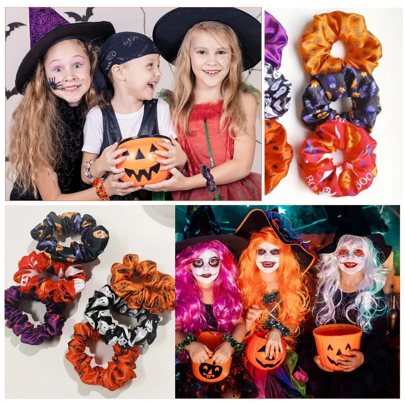 1/6pcs Halloween Scrunchie Spooky Pumpkin Ghost Bat Prints Hair Ties Women Hair Rope Elastic Headwear Hair Accessories Set Gifts