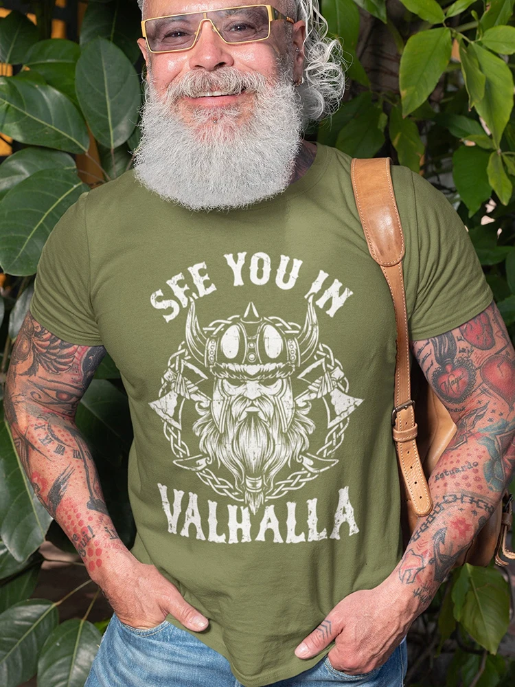 

Summer Men's Street Fashion Short-sleeved Top Men's Viking Warrior T-Shirt Valhalla Nordic Norse Mythology Odin Thor T-shirt