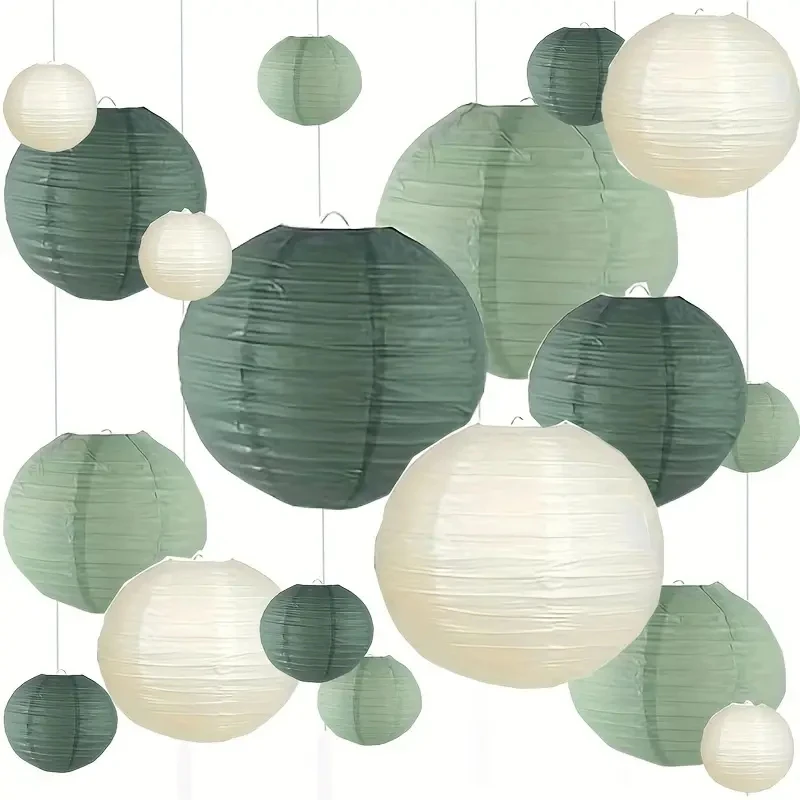 3Pcs Round Hanging Sage Green Paper Lanterns, Suitable for Country Parties, Wedding Banquets, Outdoor Events, Home Decoration - a Large Selection of Birthday Party Supplies view 2
