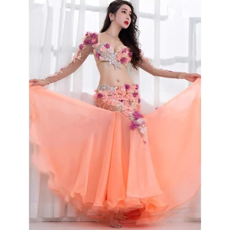 customized belly dance costume 3D flower bra hip wrapped fish tail long skirt sexy oriental dance performance costume dancewear