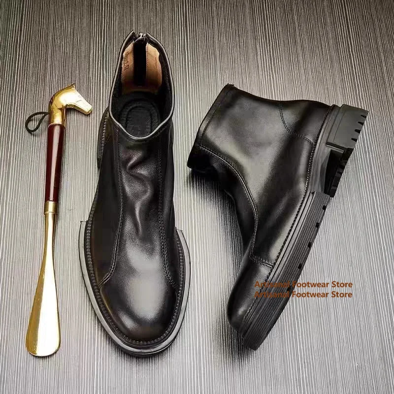 

Thick-Soled Men's Boots High Top Back Zipper Chelsea Boots Men's Fashion Genuine Leather Cowhide Business Outdoor Men's Boots
