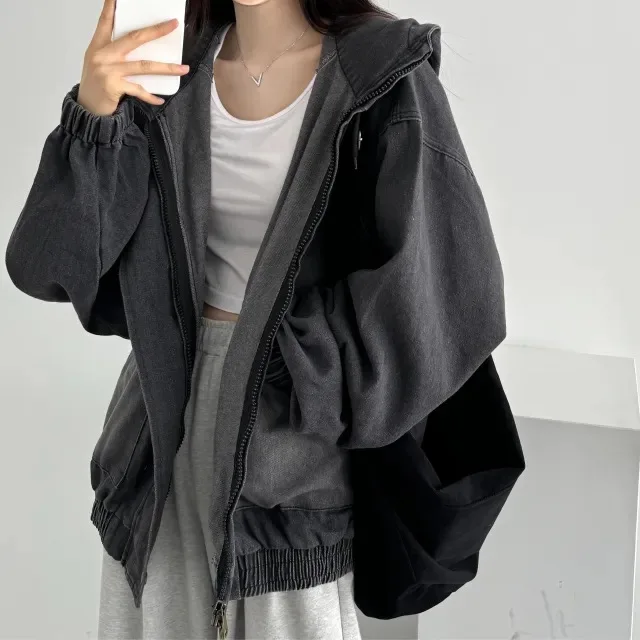 Loose Women's Casual Long Sleeve Denim Jacket Hooded Open Cardigan Versatile Style Korean Fashion Autumn Season Zipper Closure