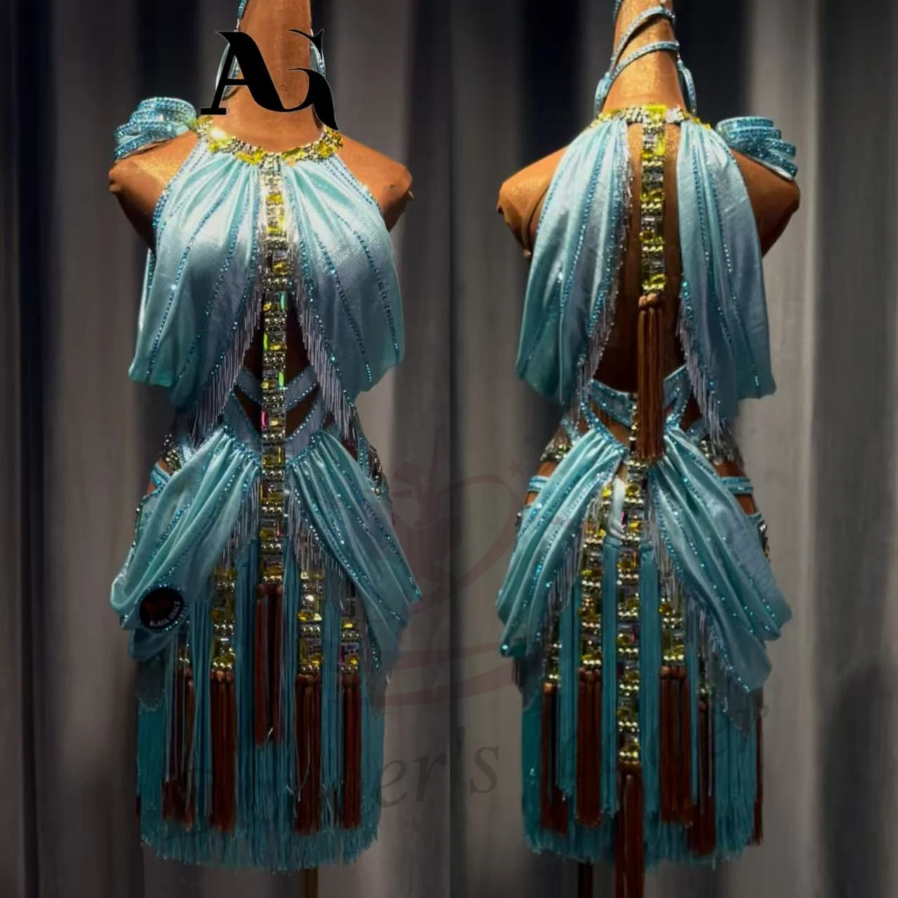 Costume da ballo latino AB Stone Donna Adulto Bambini High-End Personalizzato Retro Verde menta Gonna con nappa Abito da samba da piscina nero