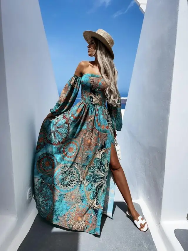 الربيع والخريف خط واحد الرقبة قبالة الكتف كم طويل الصدرية سبليت مطبوعة شارع العليا مثير فستان طويل رداء المرأة