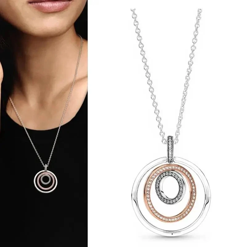 New Classic 100% 925 Silver Women's Colorful Heart Logo Ice Crystal Circle Necklace DIY Charm Jewelry Gift