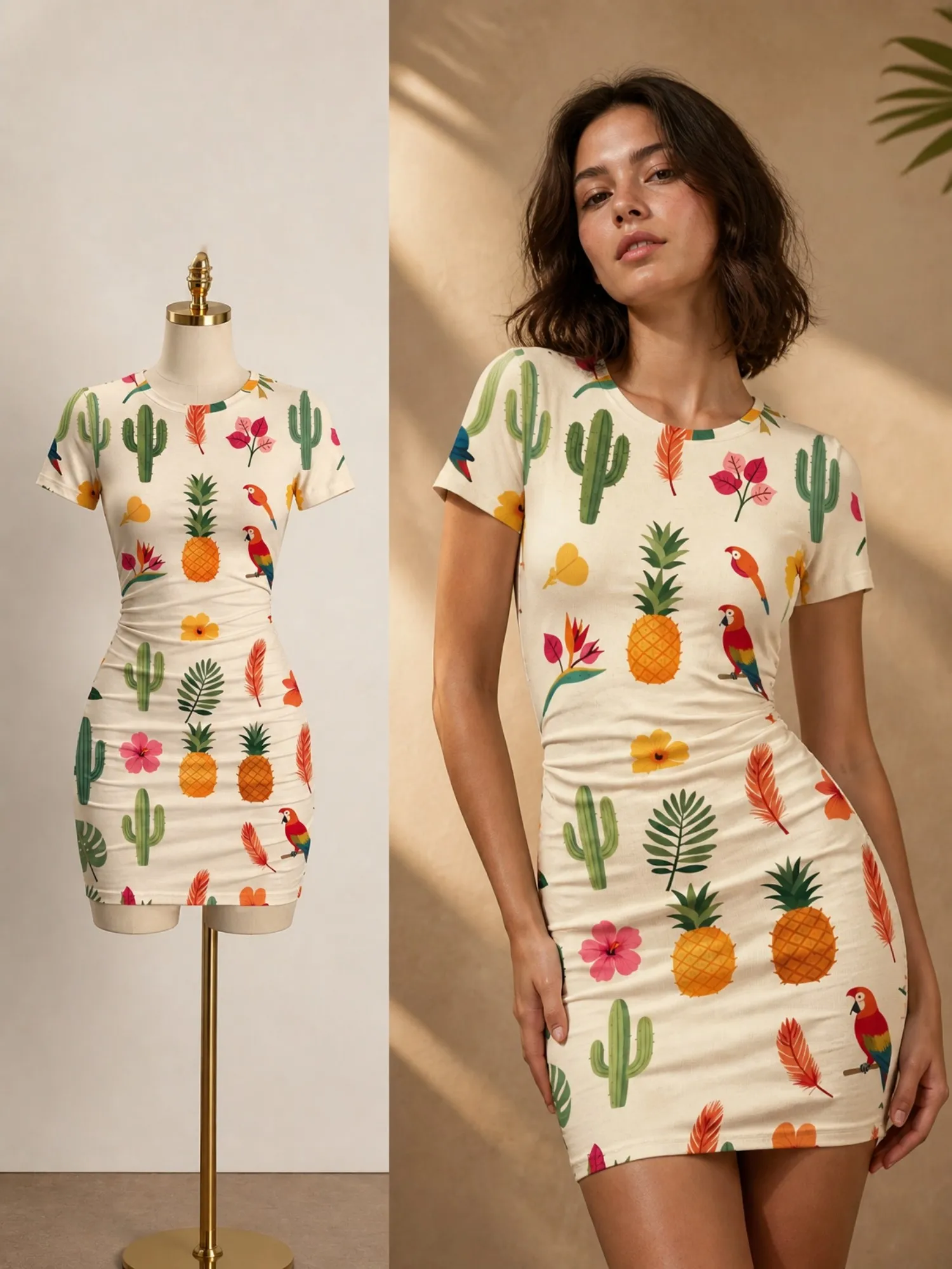 Damen Kurzarm Bodycon Minikleid, schmal geschnitten, Rundhalsausschnitt, Blumenmuster, lässig, Sommer, Party, süß, trendig, schmeichelhaftes Party-Sommerkleid – Detail 8