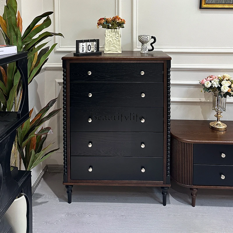 

French Retro Solid Wood Five-Drawer Cabinet for Bedroom and Living Room Wall-Mounted Storage Drawer Cabinet