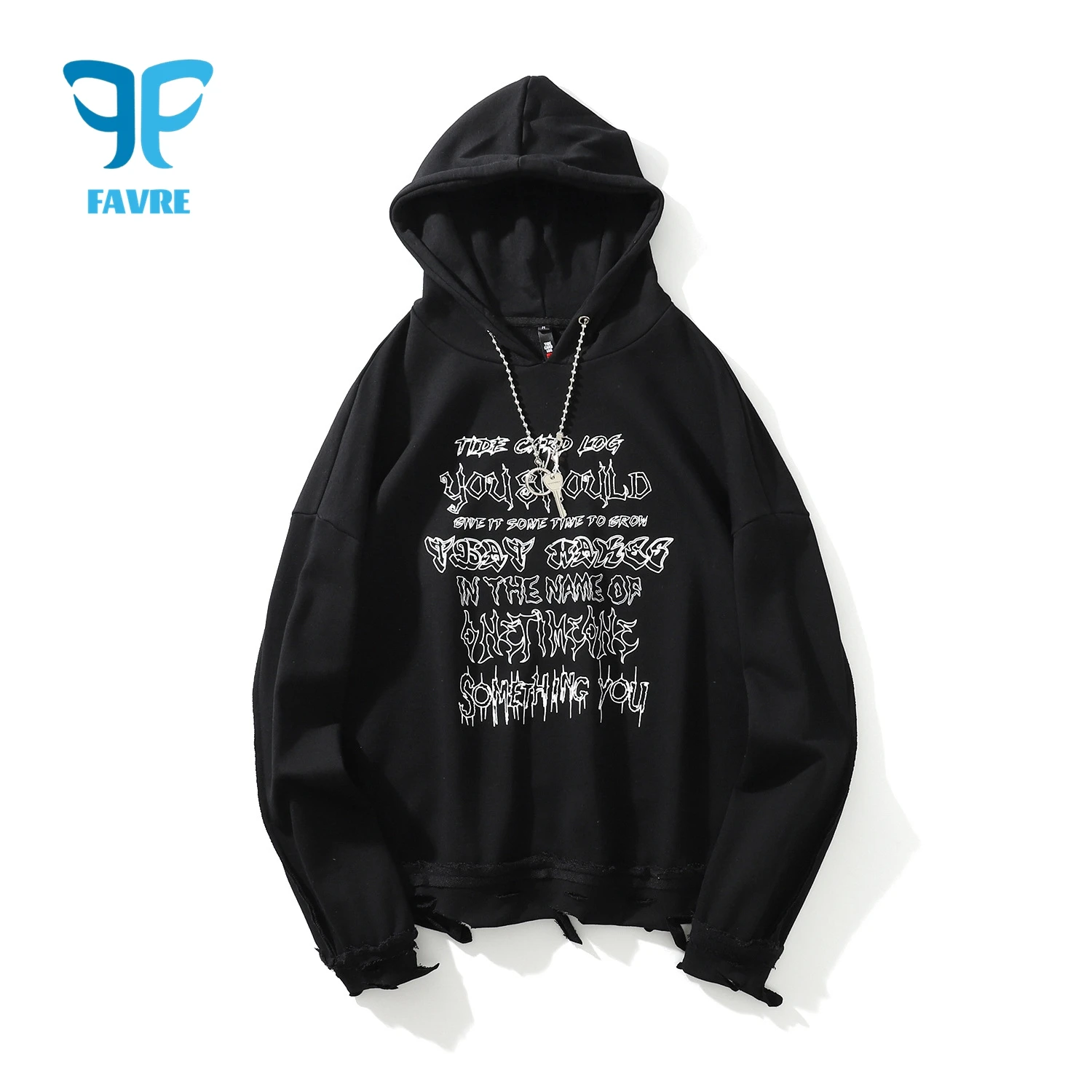 FAVRE Mens Womens Letter Print Ripped Sweatshirts Off-the-shoulder Loose Hoodies Couple Streetwear High Street Trend Pullovers