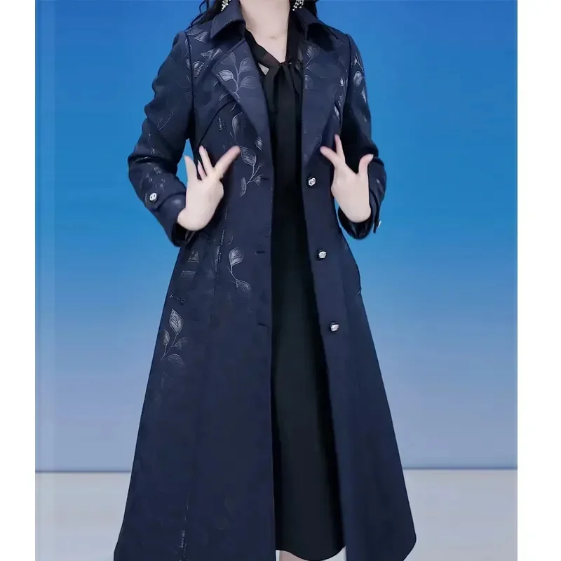 High Quality Jacquard Women's Windbreaker Large Size 6XL Windproof Trench Coat Mother's Jacklets New For Autumn Winter 2024 Navy