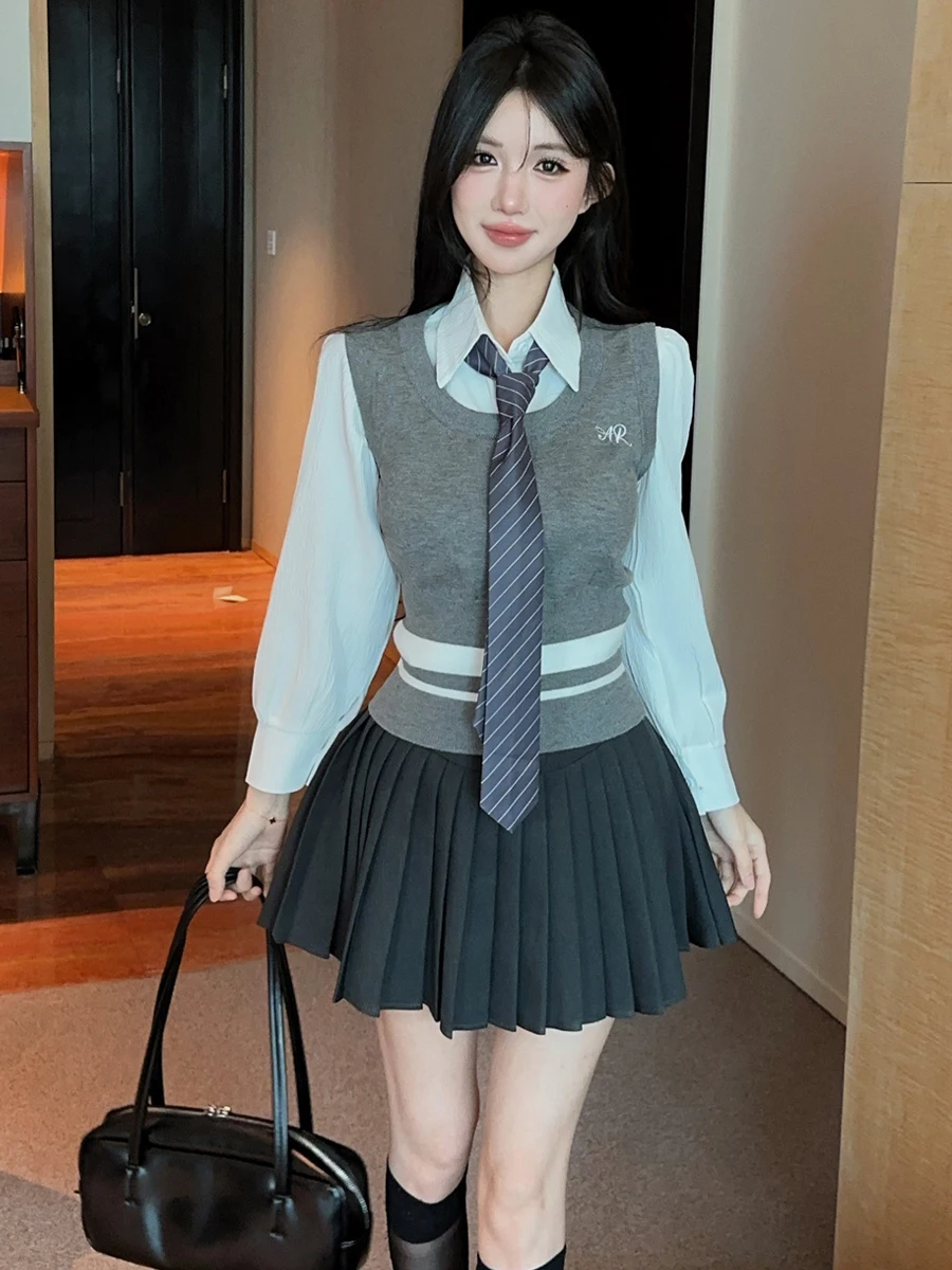 Korean Style College British JK Set Slim Fit Knitted Vest Long Sleeve Shirt Pleated Skirt Women Fashion Set Autumn Winter
