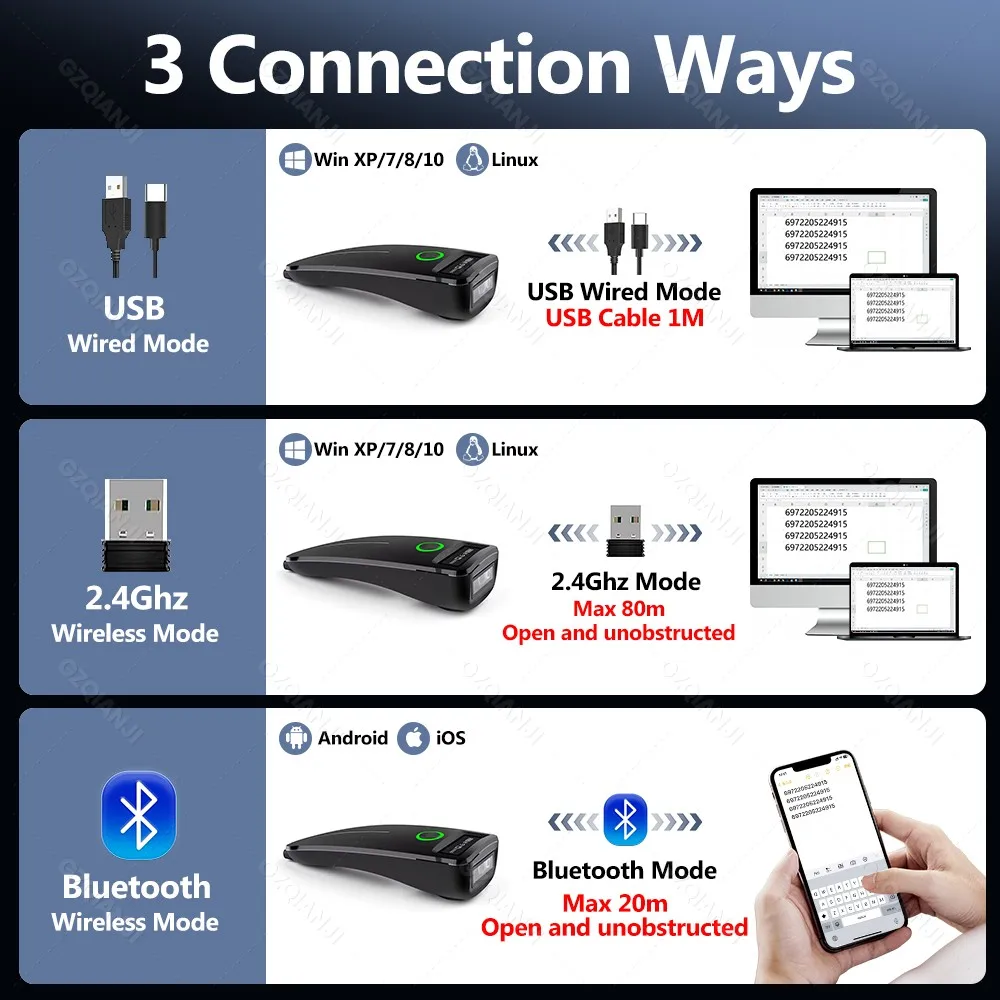 Mini 1D 2D QR USB Bluetooth 2.4G Wireless  3-in-1 Barcode Reader Bar code Scanner Portable Bar Code Laser Scanner