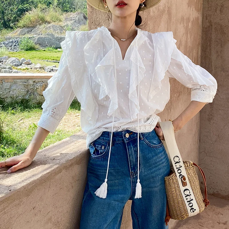 

2025Spring and Summer South Korea Puff Sleeve Small Top New French White Shirt Women Vacation Style New New Women's Clothing